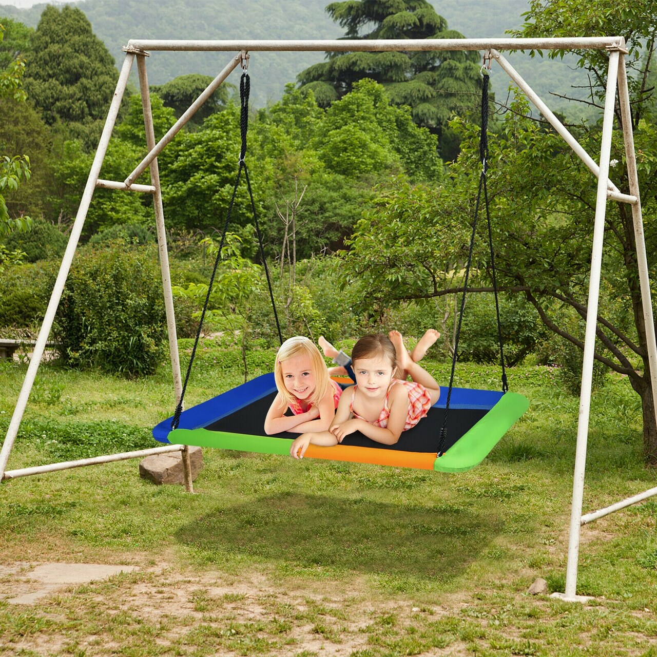 60 Inch Tree Swing with Strong Steel Frame and Oxford Cloth Seat for Garden Yard and Family Fun